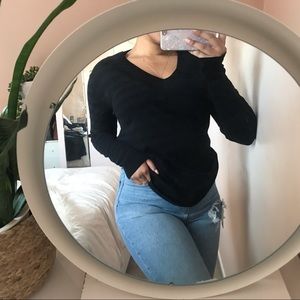 Lacoste Navy Blue and Black Stripe V-Neck Sweater